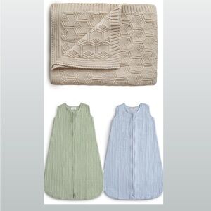 MUSHIE Organic Cotton NWT Knit Blanket and 2 Sleep Sacks 0-6 mos Baby set